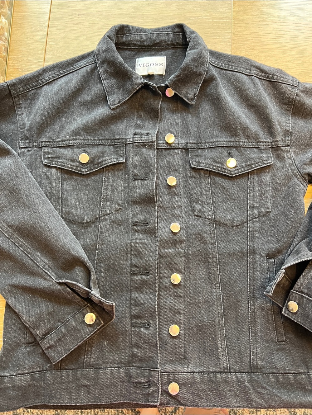Vigoss Charcoal Black Denim Trucker Jacket with Silver Buttons